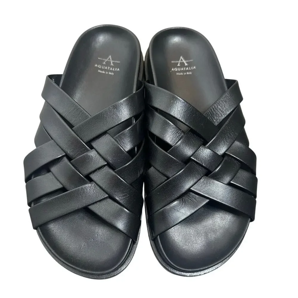 NEW Aquatalia Iselda Woven Leather Slide Sandals Women's Black Size 8
